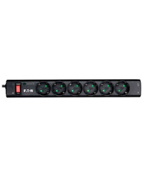 Eaton Protection Strip 6 DIN, 10A, 2500W; Input: Schuko, Outputs: (6) Schuko; Power Cord Lenght 1m; Over voltage protection; On/Off switch; LED indication; 2yr warranty