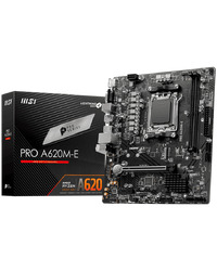 MSI PRO A620M-E, mATX, Socket AM5, Dual Channel DDR5 6800+MHz, 1x PCIe x16 slot, 1x M.2 slot, 1x HDMI, 1x VGA, 2x USB 3.2 Gen 1, 4x USB 2.0, 7.1 HD Audio, Realtek RTL8111H Gigabit LAN, 3Y